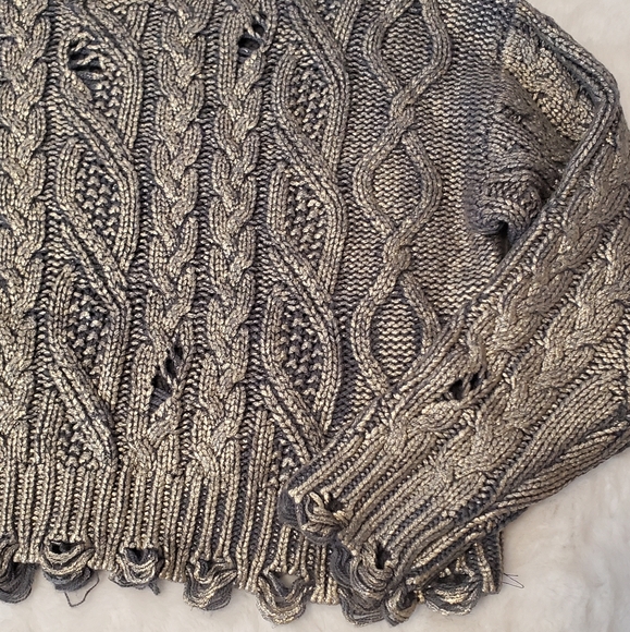 ZARA NEW WOMAN CABLE-KNIT METALLIC SWEATER FRAYED RIPPED BLUE GREY S-L - Picture 6 of 14